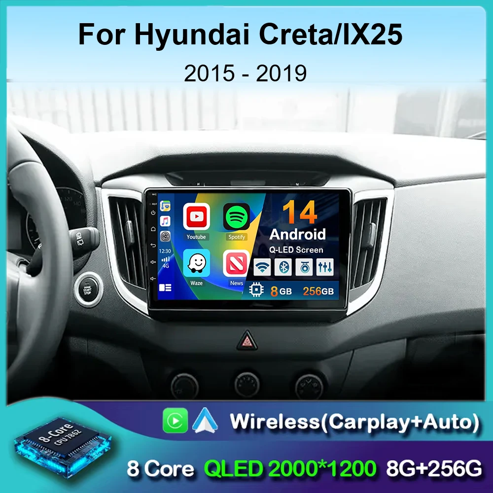 Android 14 Carplay Car Radio For Hyundai Creta ix25 2015-2019 Navigation GPS Multimidia Video Player 2din Head Unit Stereo