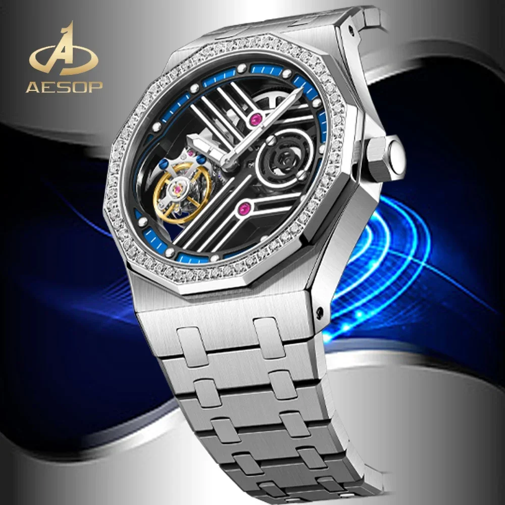 AESOP Flying Tourbillon Mechanical Skeleton Watch For Man Watches Waterproof Wristwatches Sapphire Mirror Octagon Watch Ring New