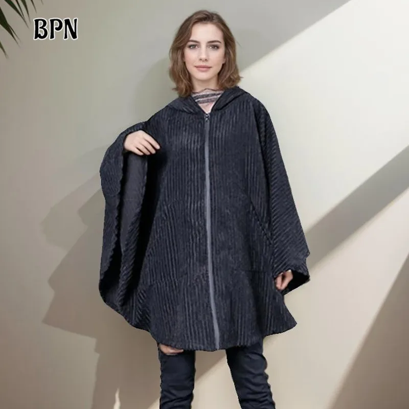 

BPN Casual Loose Jackets For Women Hooded Collar Batwing Sleeve Spliced Zipper Solid Streetwear Winter Jacket Female Fashion New