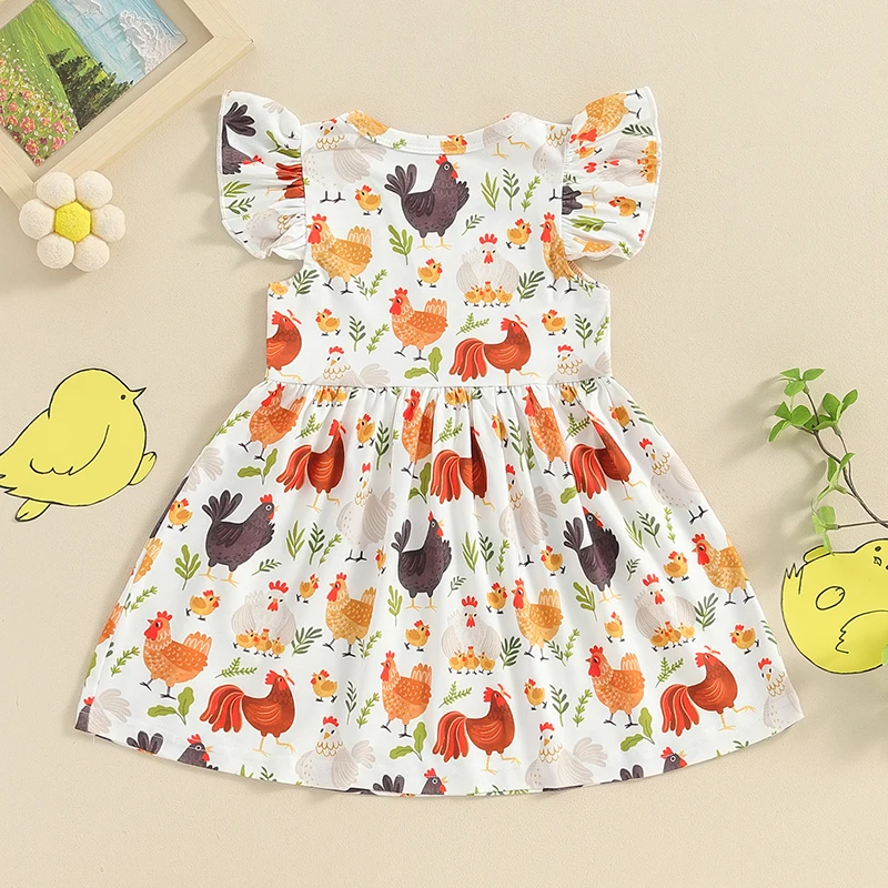 Toddler Girls Clothes kid Girl Dress Farm Rooster Hen Print Fly Sleeve Crew Neck Baby Dress Summer Casual Princess Dres