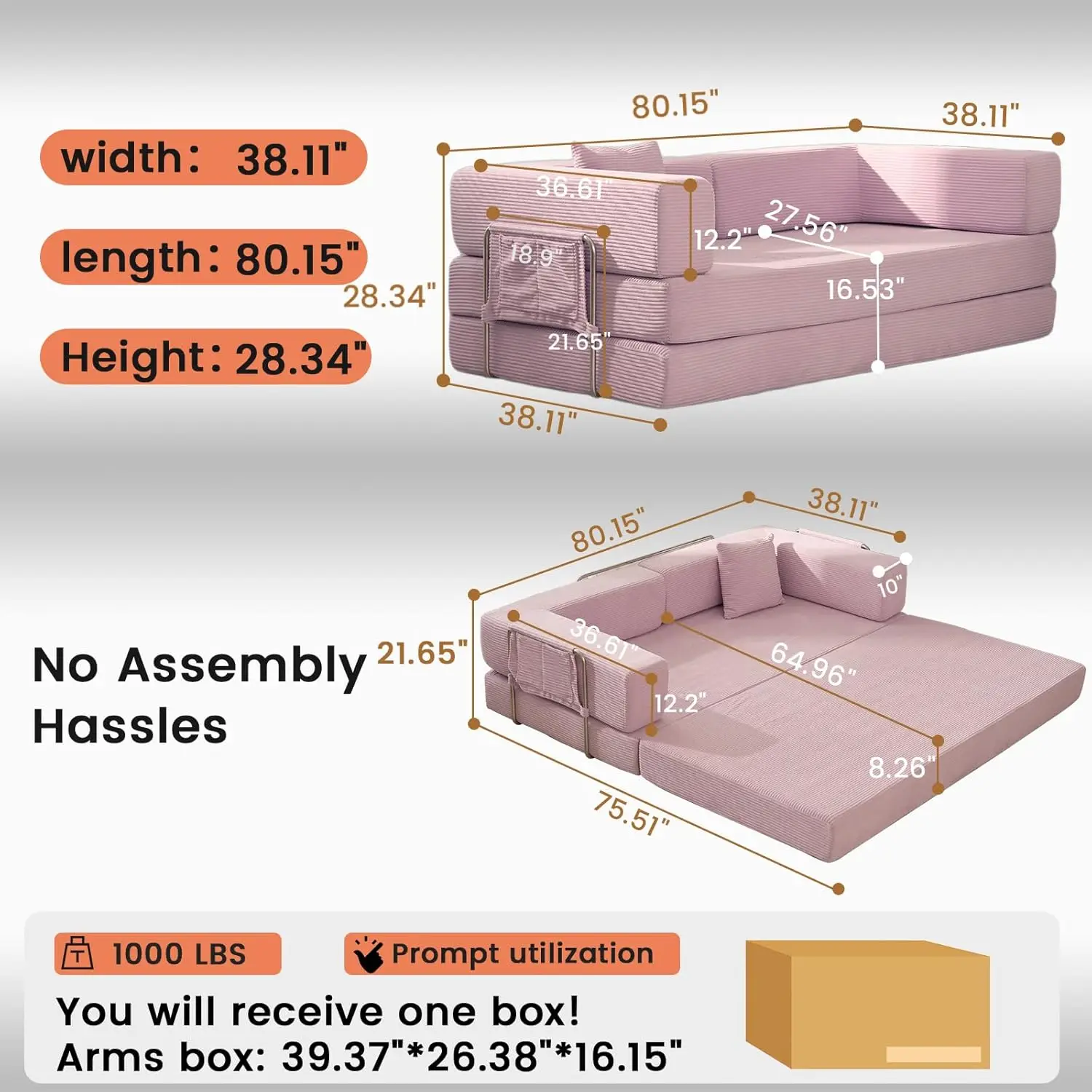 

Combination Modular Sofa Living Room Folding Sofa Bed Convertable Corduroy Couch Floor Sleeper 4-in-1 Comfy Foldable Lazy Pink