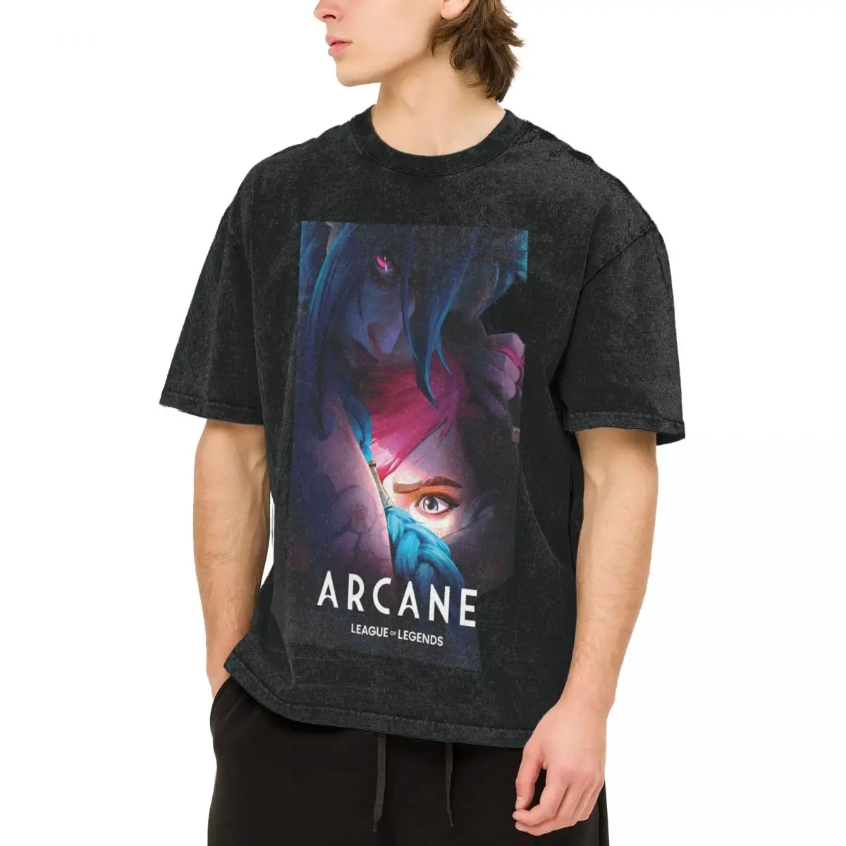 Mens T Shirt Arcane Game Anime Print Washed T Shirts Hippie Jinx Viktor Manga Printed Beach Tees Vintage Casual Clothing Gift