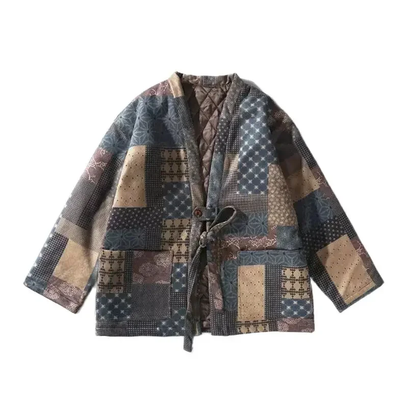 Winter Men Vintage Print Robe Padded Cotton Cardigan Jacket Japanese Streetwear Loose Causal Kimono Parkas Coat Women