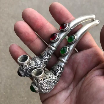 Pipe à tabac tibétaine en argent antique, style ethnique, rétro, distMurcia, cuivre blanc, plaqué argent, gemme incrustée, Laguna ette