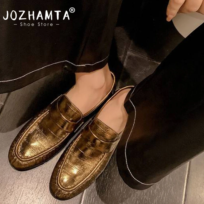Women's Leather Slip-On Loafers - Round Toe Office Flats