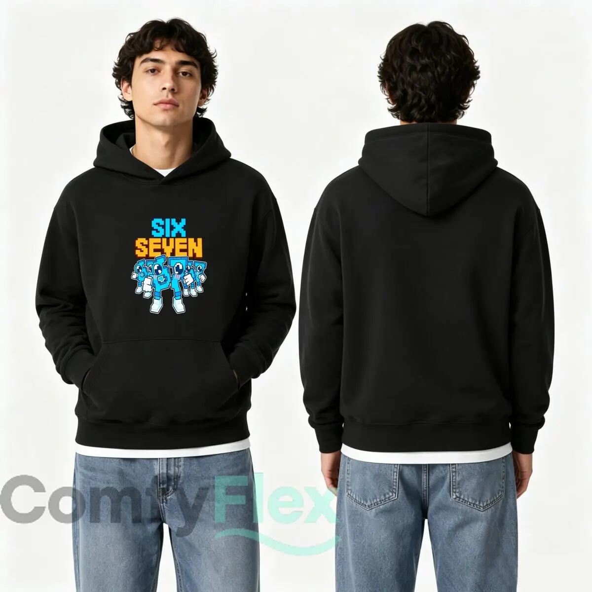 Six Seven Funny Blue Cartoon Robot Characters Graphic Autumn and winter new men's and women's hooded sweatshirts
