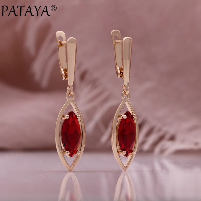 PATAYA Hot Trend 585 Rose Gold Color English Earrings for Women Oval Red Natural Zircon Accessories Bride Wedding Jewelry Gift