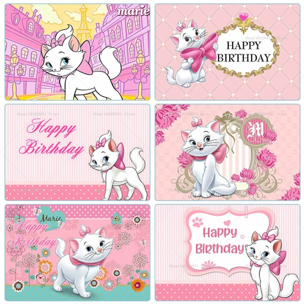 Cute Pink Marie Cat The Aristocats Theme Baby Shower Girl Birthday Party Decoration Background Cute Striped Custom Photo Studio