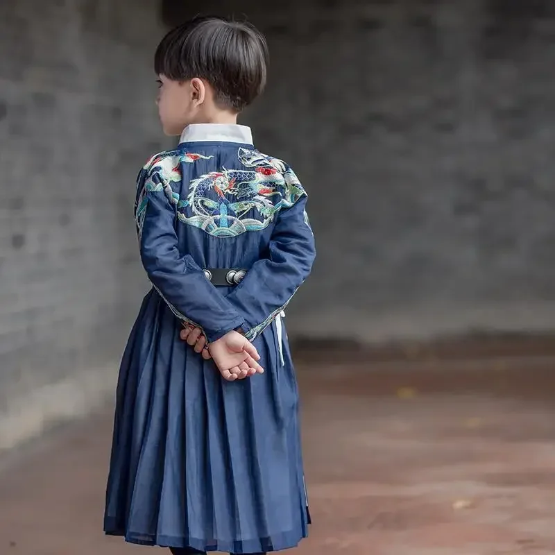 Herfst Chinese Stijl Draak Geborduurde Lange Mouwen Hanfu Jurk Jongens Vintage Student Performance Kostuums Kinderen Vestidos