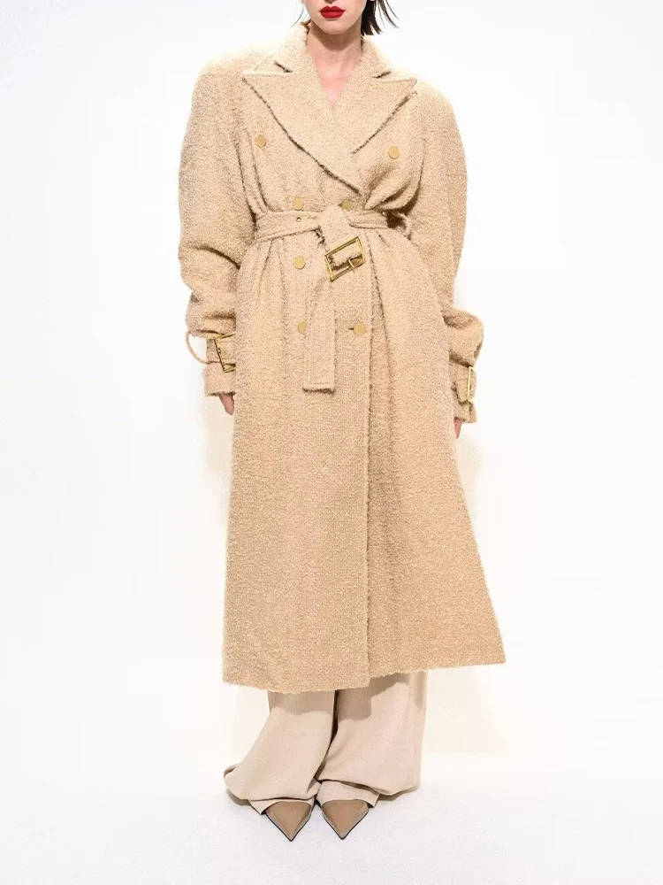 

European-style new women's fashionable, versatile, elegant, and casual double-breasted mid-length wool coat with a belt.