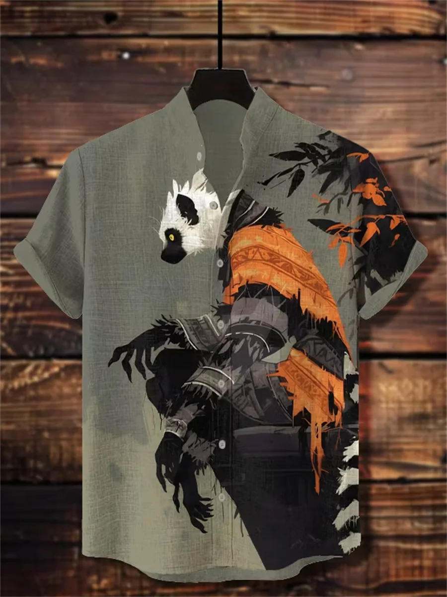 

Men's short sleeved linen shirt, stand up collar, button design, digital printing, casual and comfortable, fashionable dressing