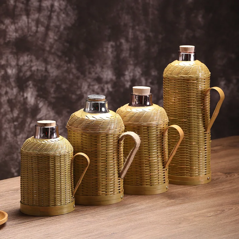 

Hanrted Bamboo Woven Household Hot Water Bottle Vacuum Flask Retro Tea Room Insulated Bottle Glass Inner Tank Tea Room In...