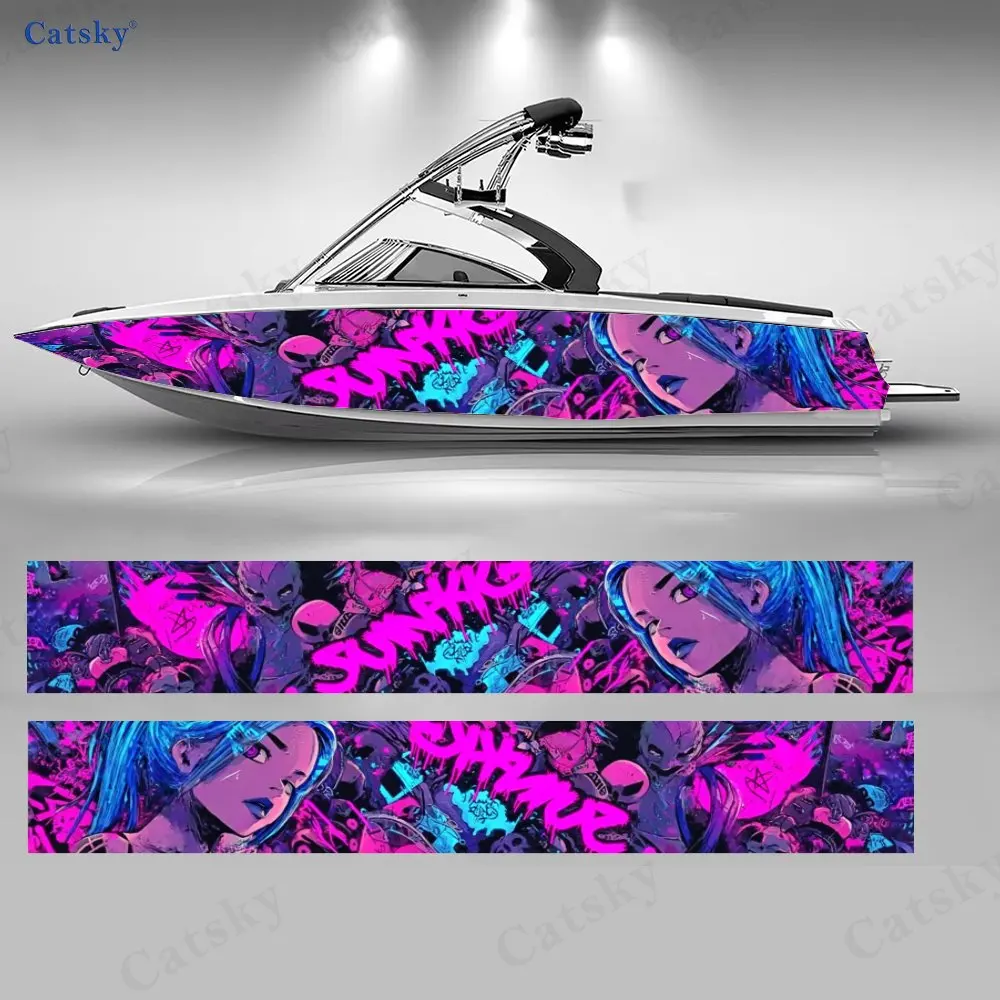 

Наклейка на лодку «Девушка в стиле киберпанк», 2 шт., неоново-розовый и фиолетовый графический дизайн для водного транспорта, премиум-винил, дерзкий стильный дизайн