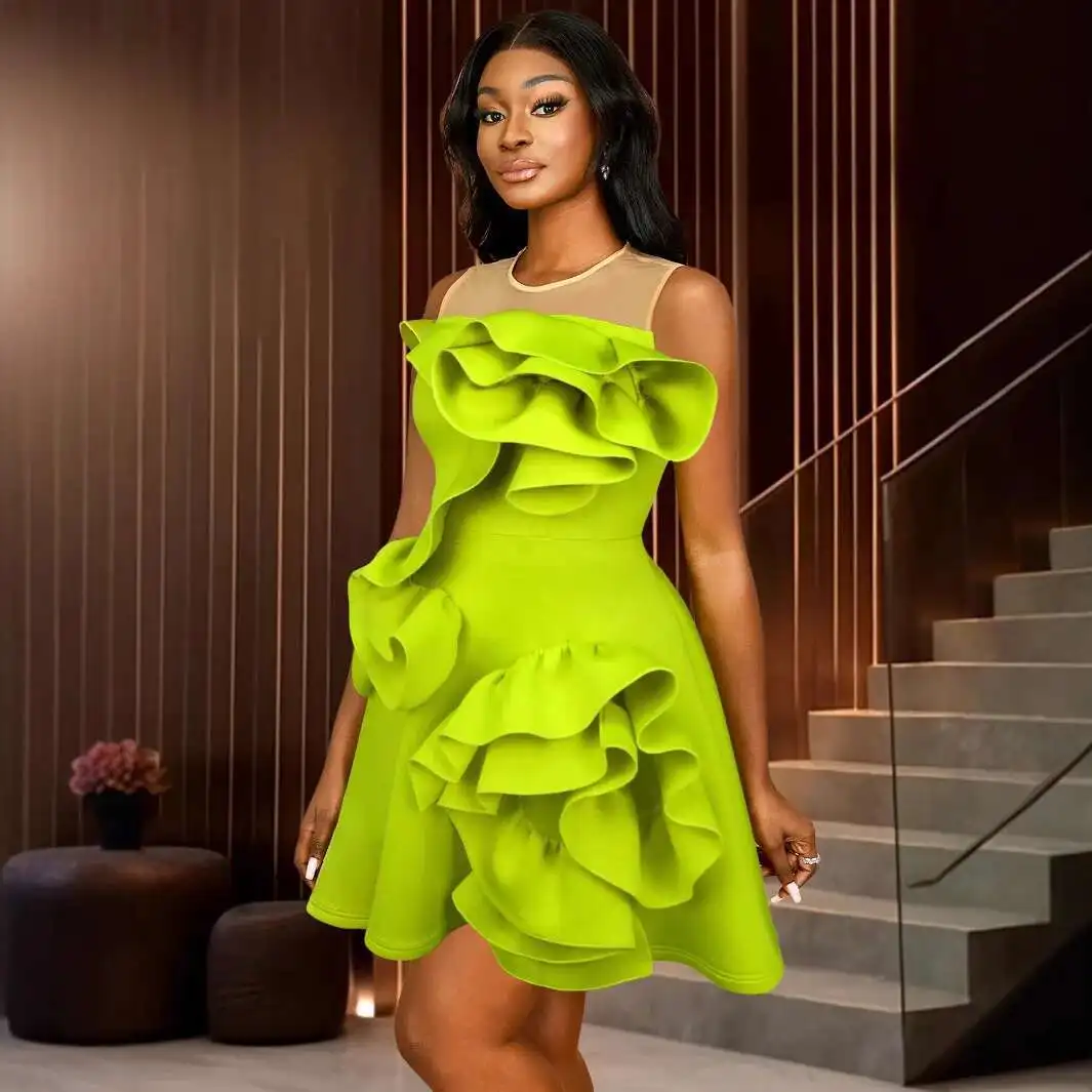 

Sleeveless Temperament Splicing A-line Skirt Lotus Leaf Flower Fashion Party Graduation Dress Dress Robe Vestido Women Elegant