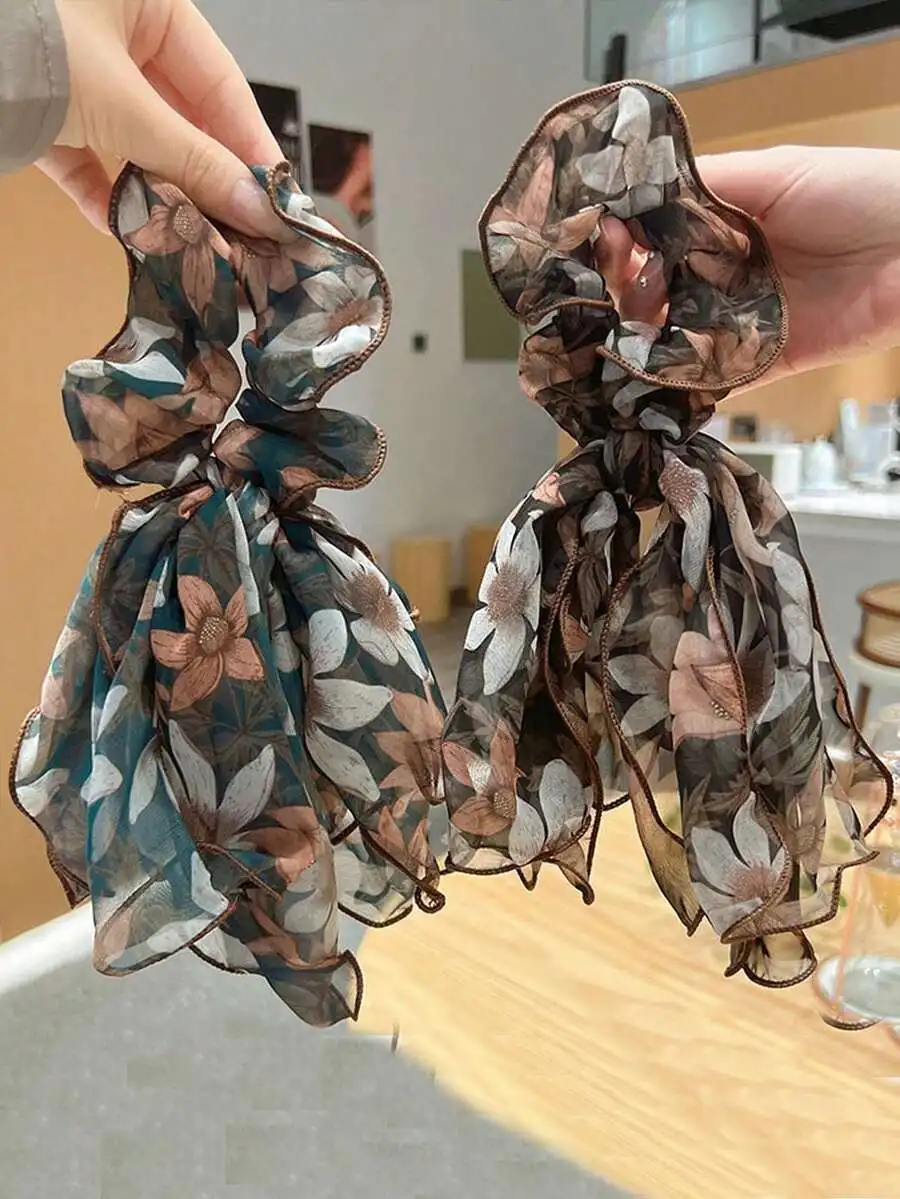 

Vintage Floral Chiffon Bow Scrunchie Hair Tie For Women