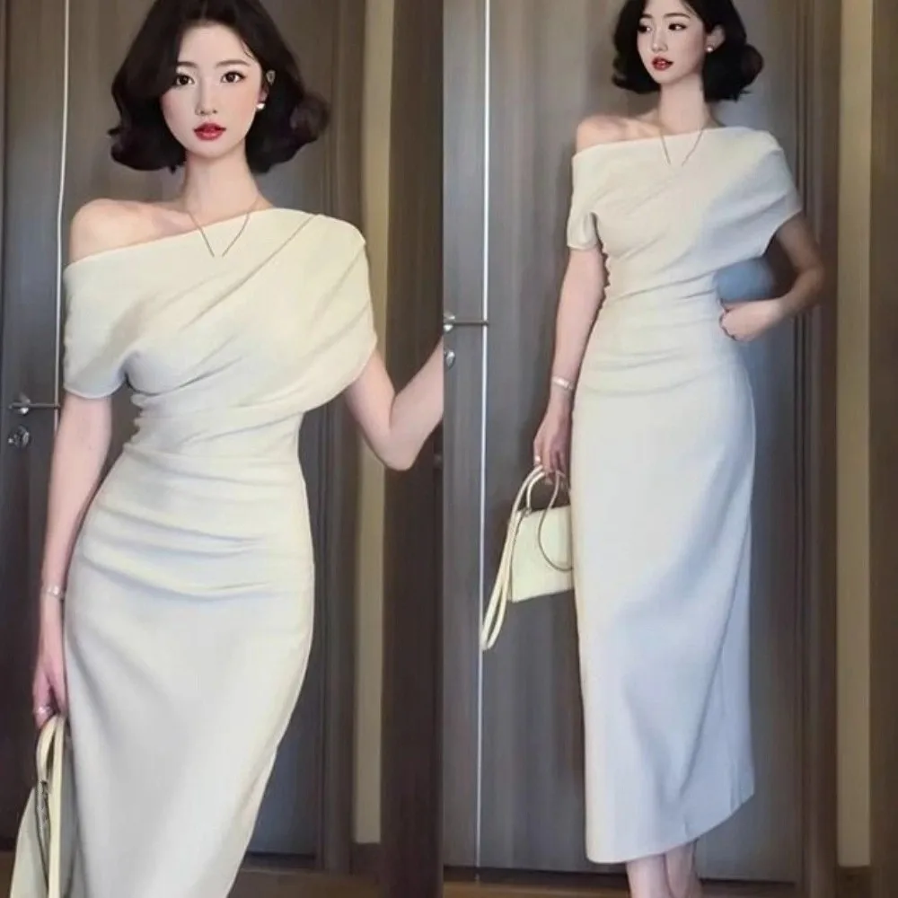 فستان طويل مائل الكتف طويل بلون مزاجه سليم صالح تنورة طويلة البيج المشمش قبالة الكتف فستان النمط الكوري #5