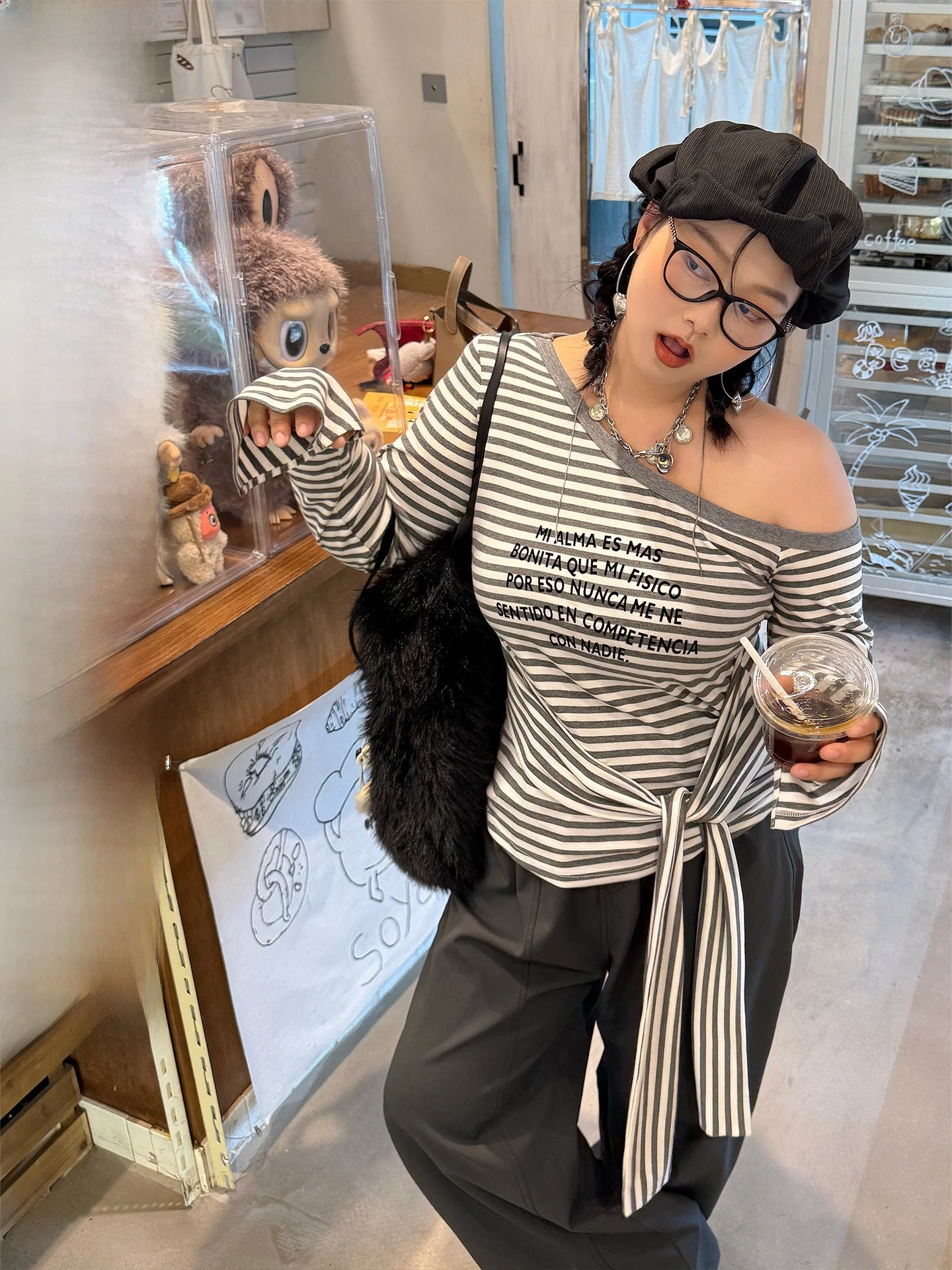 

Chunyue Large Size Floing Stripe Print T-irt Korean Sle Slim Fit Long Sve Women's Casual Top Faionable Belted Design