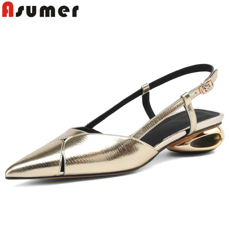 

ASUMER 2024 New Pointed Toe Genuine Leather Sandals Buckle Ladies Back Strap Dance Shoes Strange Style Med Heels Women Sandals