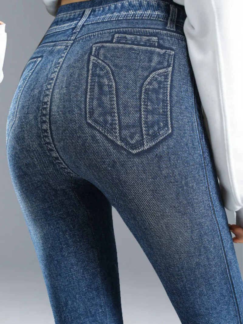 High Waist Leggings Faux Denim Jeans Pantalones Y2k Clothes All-match Pants Women Stretch Fake Pockets Imitation Pencil Trousers