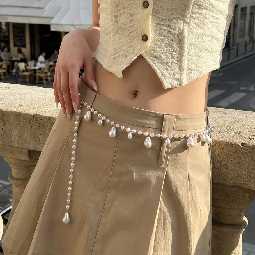 

Luxurious French Style Double Layer Pearl Waist Chain for Women Gentle Summer Belly Baring Unique Body Chain Fashion Accessory