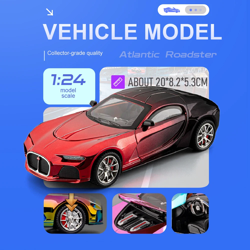 

1:24 Atlantic Pagani Huayra BC Toy Sports Cars Model Doors Opened Vehicle Wheel Shock Absorption Miniature Car Collect Souvenirs