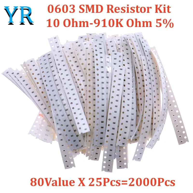 0603 SMD Resistor Kit Assorted Kit 10 Ohm-910K Ohm 5% 80Value X 25Pcs=2000Pcs Sample Kit