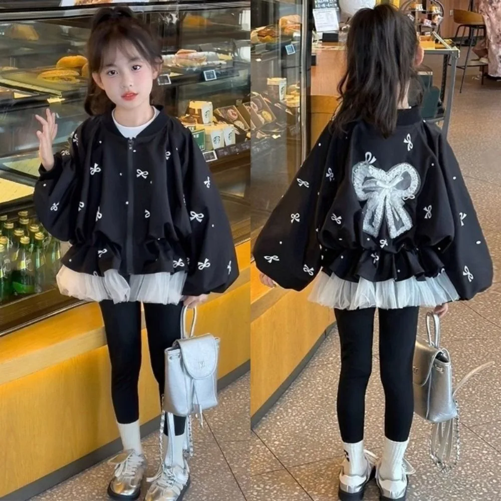 Puff Long Sleeve Children's Bowknot Jacket Lace Bow Black Girls Baseball Jacket Casual Fit Princess Outerwear Fashion Coat