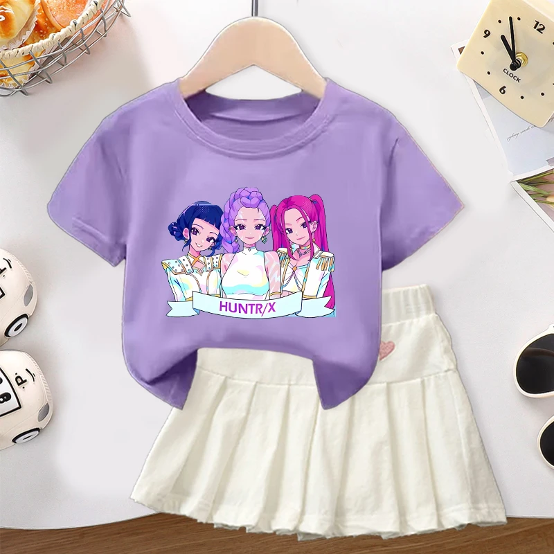 2 szt. K-pop Demon Hunters Spódniczka Koszulka Zestaw dla Dziewczynek Anime Kreskówka Śliczna Sukienka Top Komplet Dziecięca Letnia Moda Słodkie Spódniczki Prezent