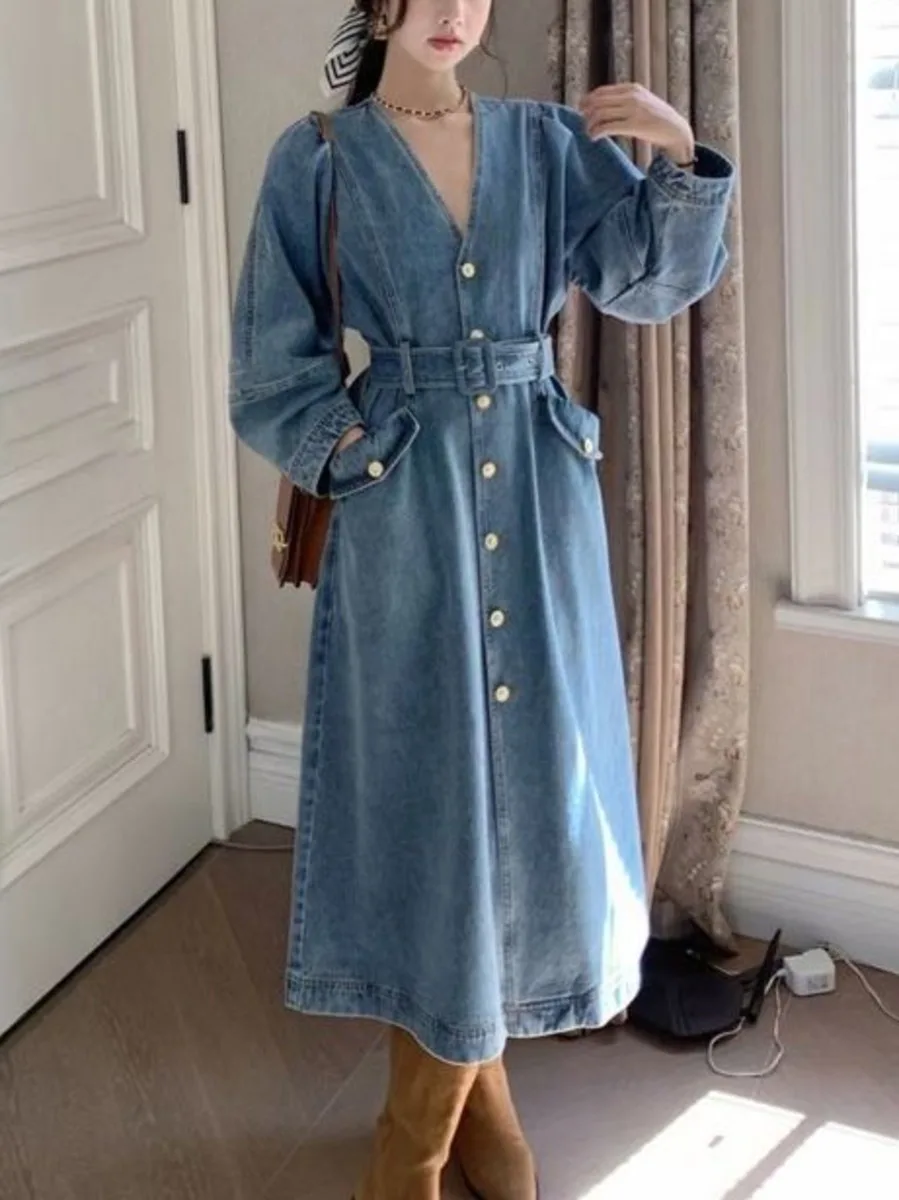 V Neck Denim Dress Women Spring Autumn French Style A-line Jeans Long Sleeve Dress Single Breasted Casual Solid Robe