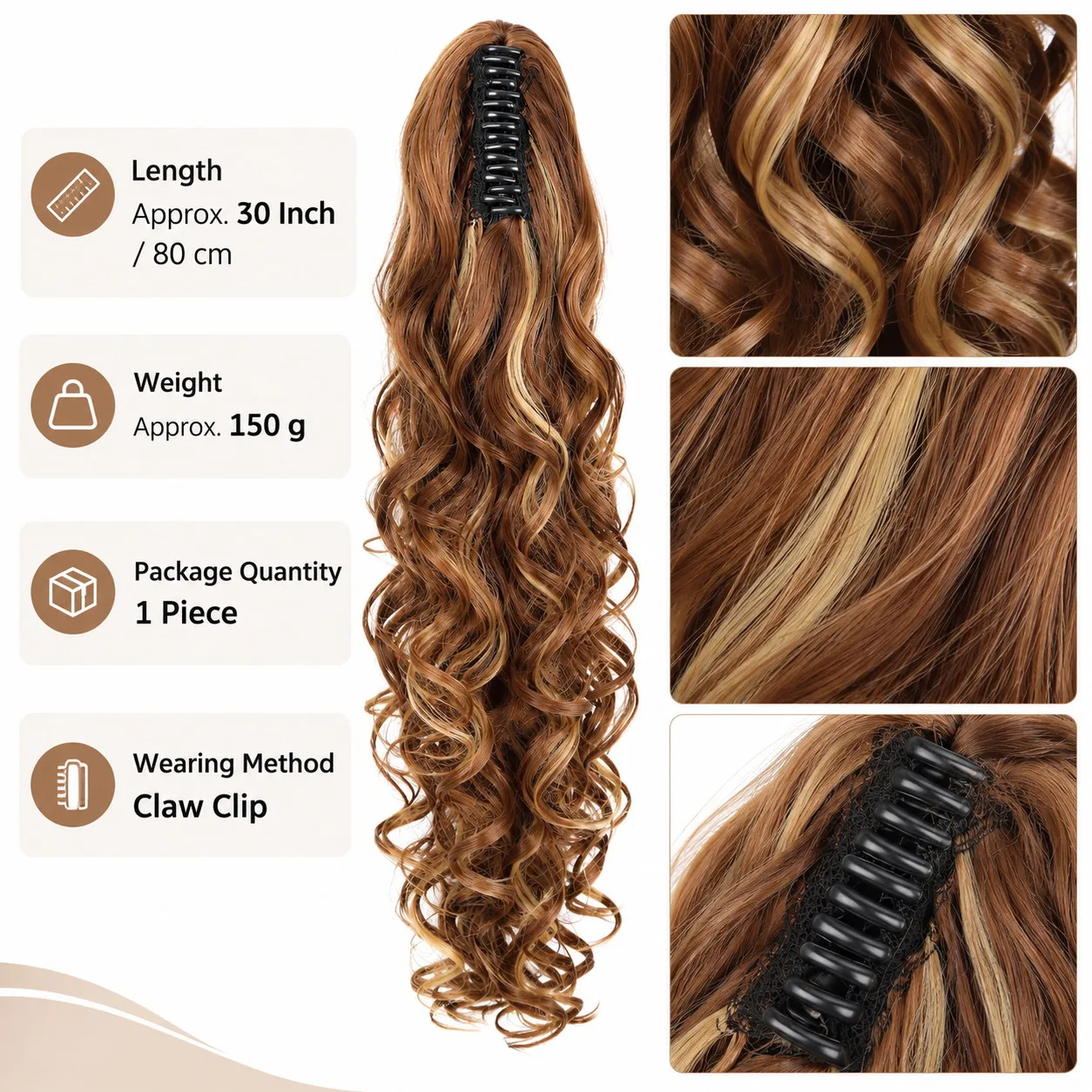 30 Inch Long Wavy Ponytail Extension Voluminous Clip In Ponytail Hairpiece Synthetic Hair Brown Highlighted Hair for Women Party