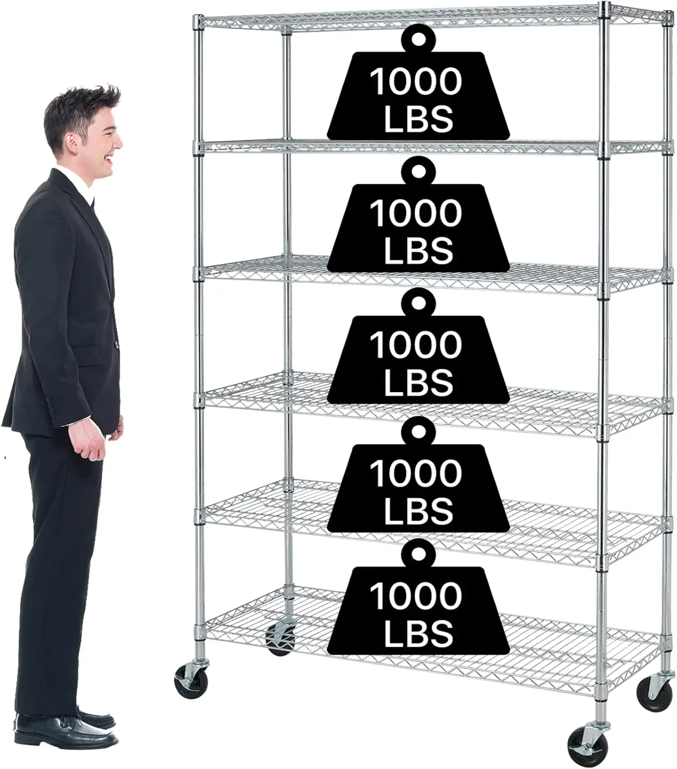 6-laags opbergplanken Metaaldraadrek met wielen, 6000LBS Gewichtscapaciteit Heavy Duty NSF In hoogte verstelbare garage Ze