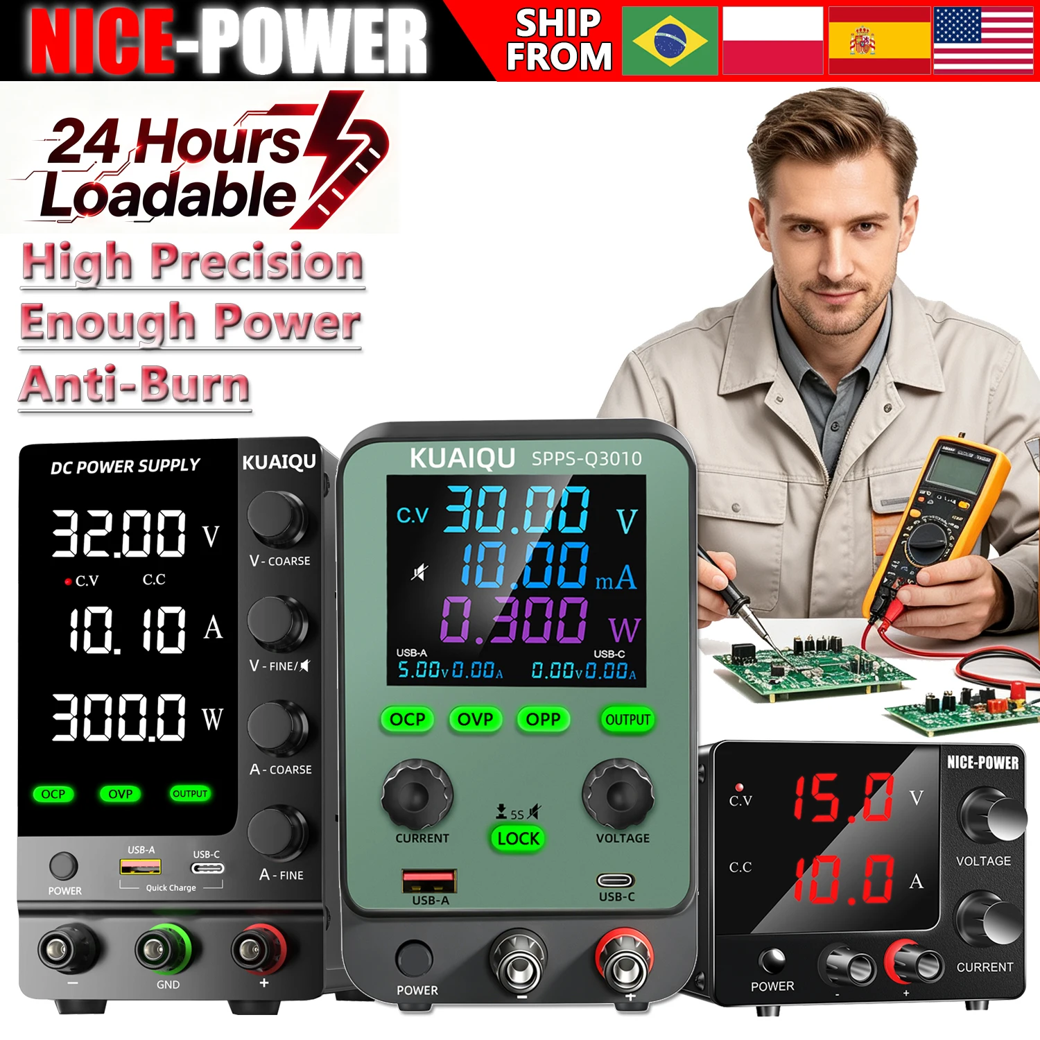 Nice-Power Four Types Optional Adjustable Power Supply For Precision Power Output, 30V 10A Lab Power Supply With OCP/OVP/OPP
