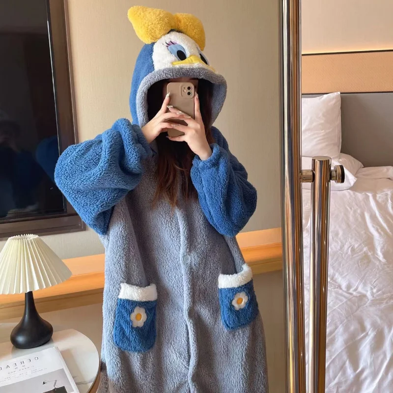 Donald Duck Pajamas Winter Pajamas New Women\'s Two-piece Set Hooded Long Sleeve Bathrobes Set Cartoon Disney Women\'s Pajamas