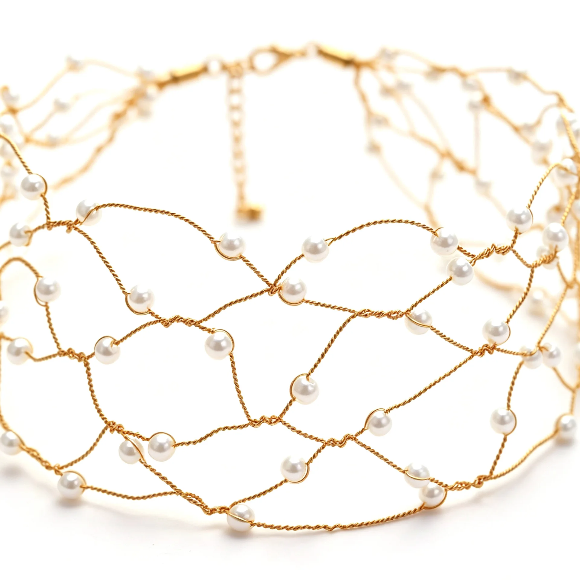 Hollow Fishing Net Woven Pearl Choker Wide Necklace Chain Banquet Accessory