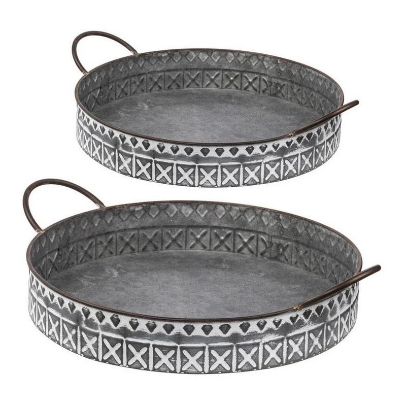 

20-Inch Galvanized Gray Iron Round Serving Trays Set of 2 with Handles