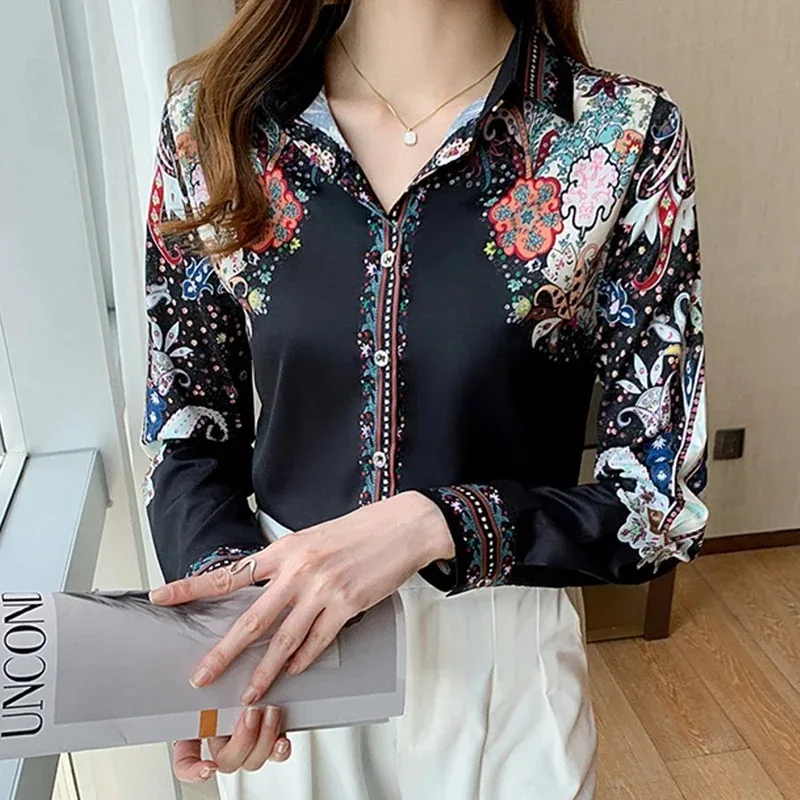 Fashion Floral Print Blouse Autumn Long Sleeve Silk Women Clothes Spring Satin Shirt Elegant Office Lady Tops Blusas Mujer 18440