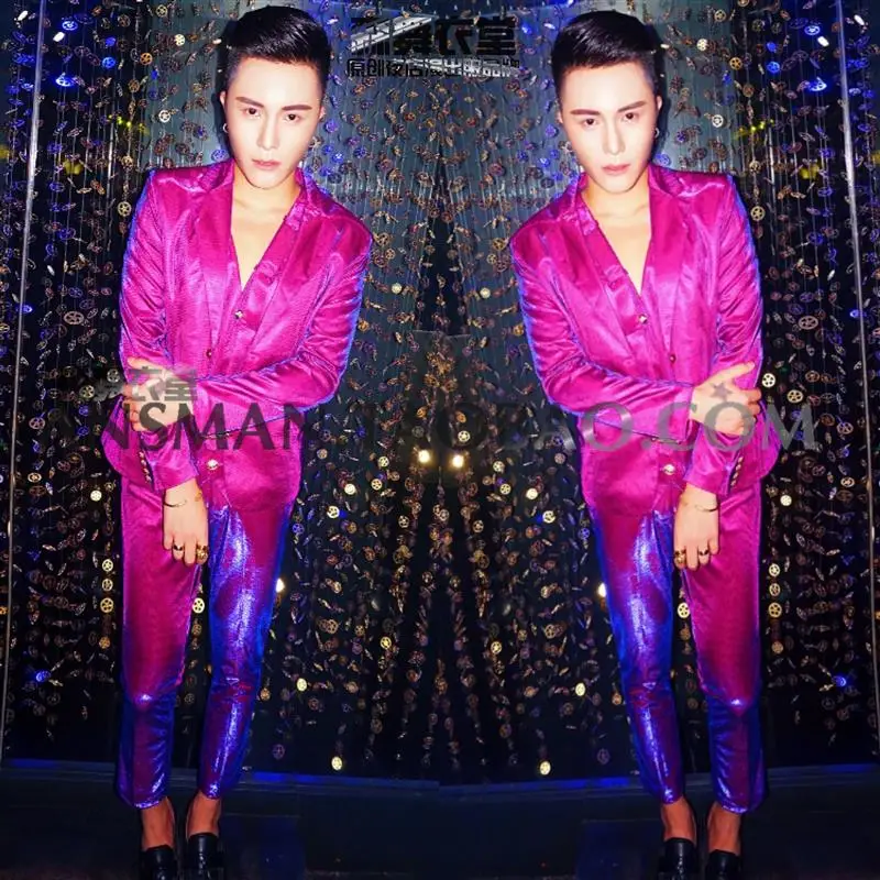 Men's Fashion Pink Glitter Slim Suits Costumes Stage show performance set Nightclub Male singer DJ dance wear