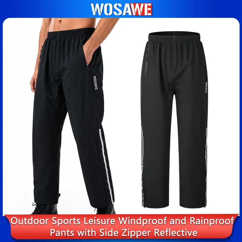 WOSAWE Outdoor Sports Casual Windproof Rainproof Pants with Side Zipper and Reflective Details for Hiking and Mountaineering