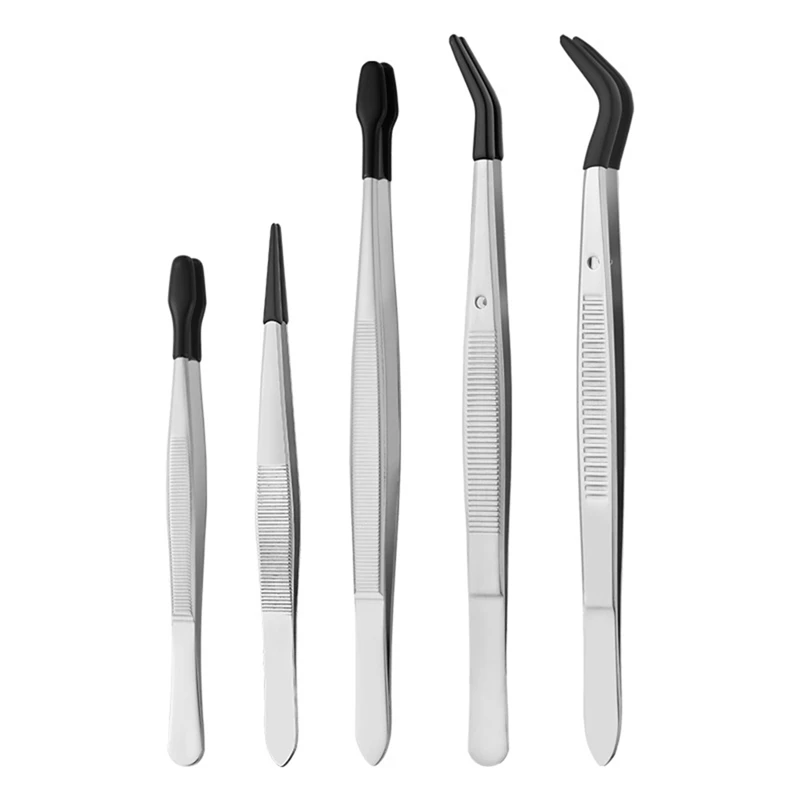 

5 Pieces Tweezers With Rubber Tips Tweezers PVC Coated Tweezers Set, Rubber Straight Tip/Flat Tip/Long Bent Tweezers