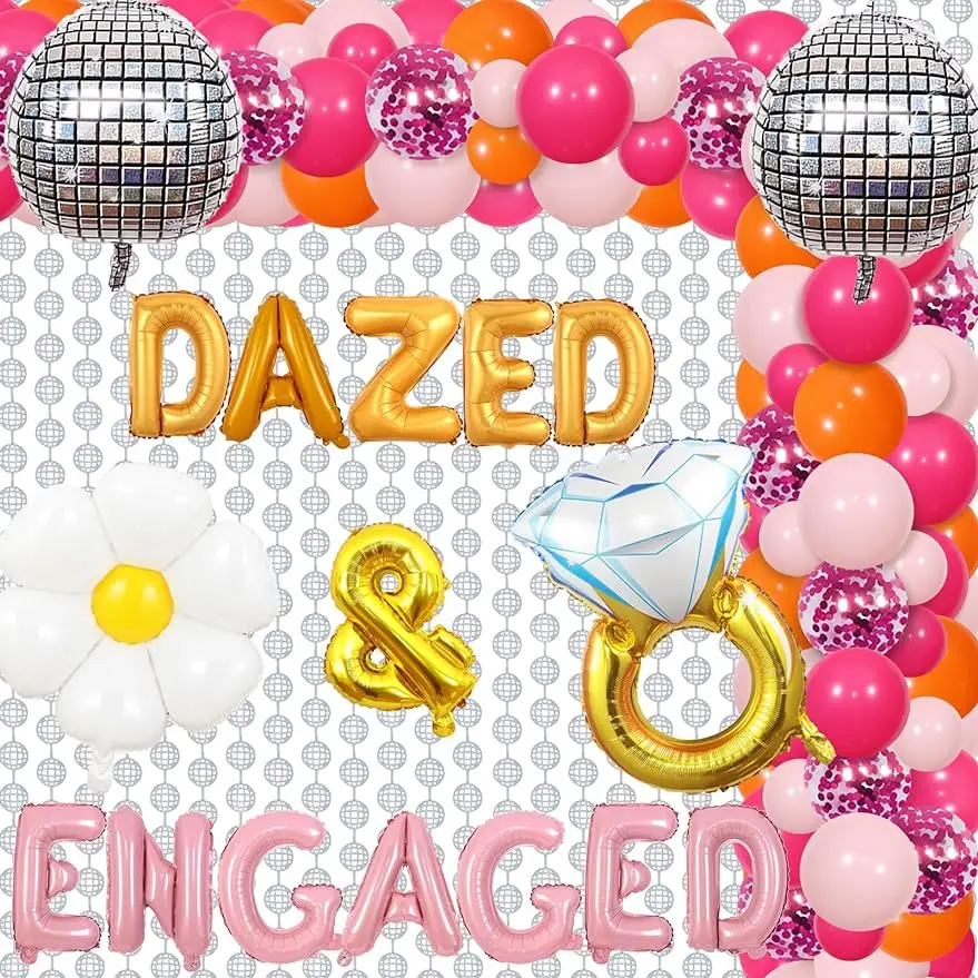 

JOYMEMO Dazed and Engaged Single Women,Banner Groovy Balloon Hippie Vintage Balloon Engagement Bride Shower Decoration Supplies