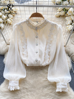 SINGREINY High Street Pearl Beading Blouse Women Crease Pleated Chic Top Fashion Ruffles Long Sleeves Floral Embroidery Shirt