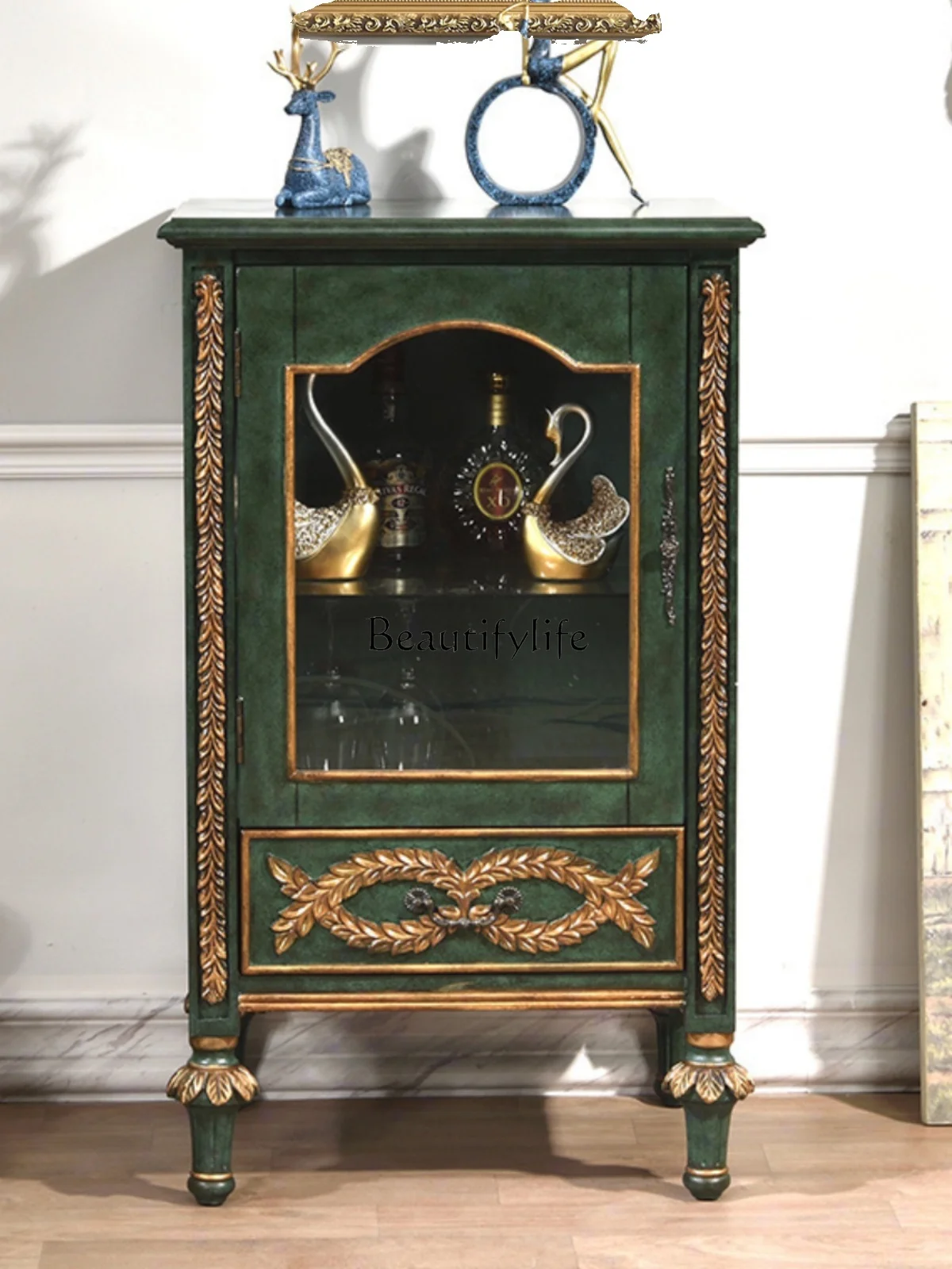 American Country Furniture European-Style Solid Wood Wine Cabinet Living Room Peacock Green Retro Distressed Locker