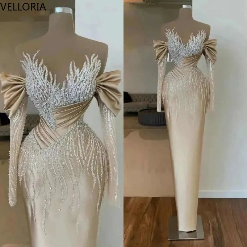 

Luxury Mermaid Evening Dress Off Shoulder Long Sleeve Beaded Prom Gown Formal Party Dress Vestdos De Fiesta Customized