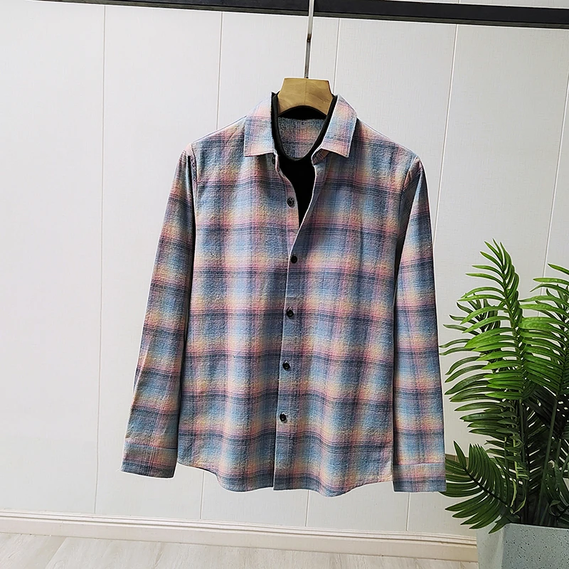 

Мужская рубашка Sli с длинным рукавом, приталенного кроя, из полиэстера, весна 2024, дышащая, повседневная, модная, с клетчатым дизайном