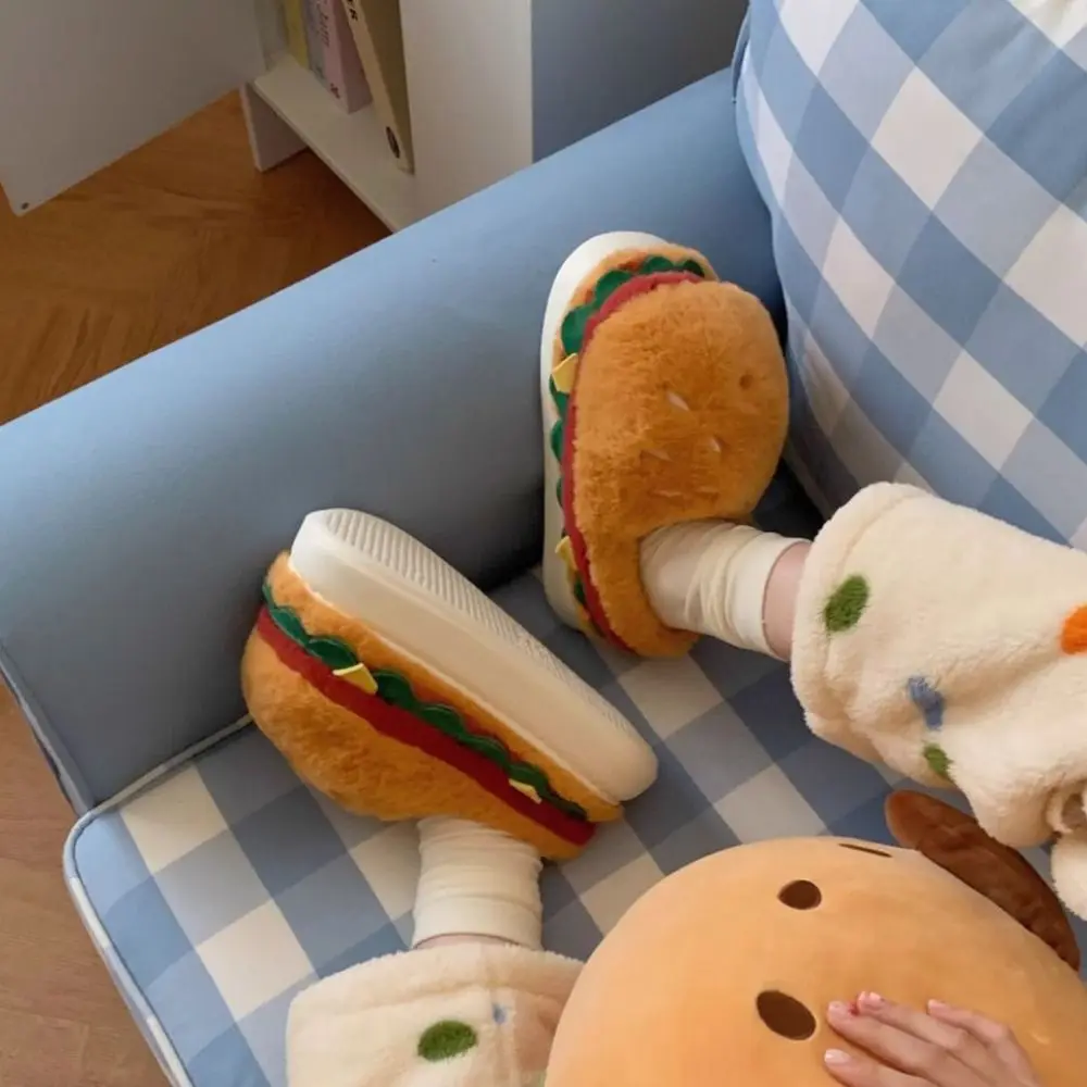 Creative Simulation Hamburger Slippers Soft Bottom Funny Plush Hamburger Slippers Non-Slip Thick Sole 3D Hamburger Slides