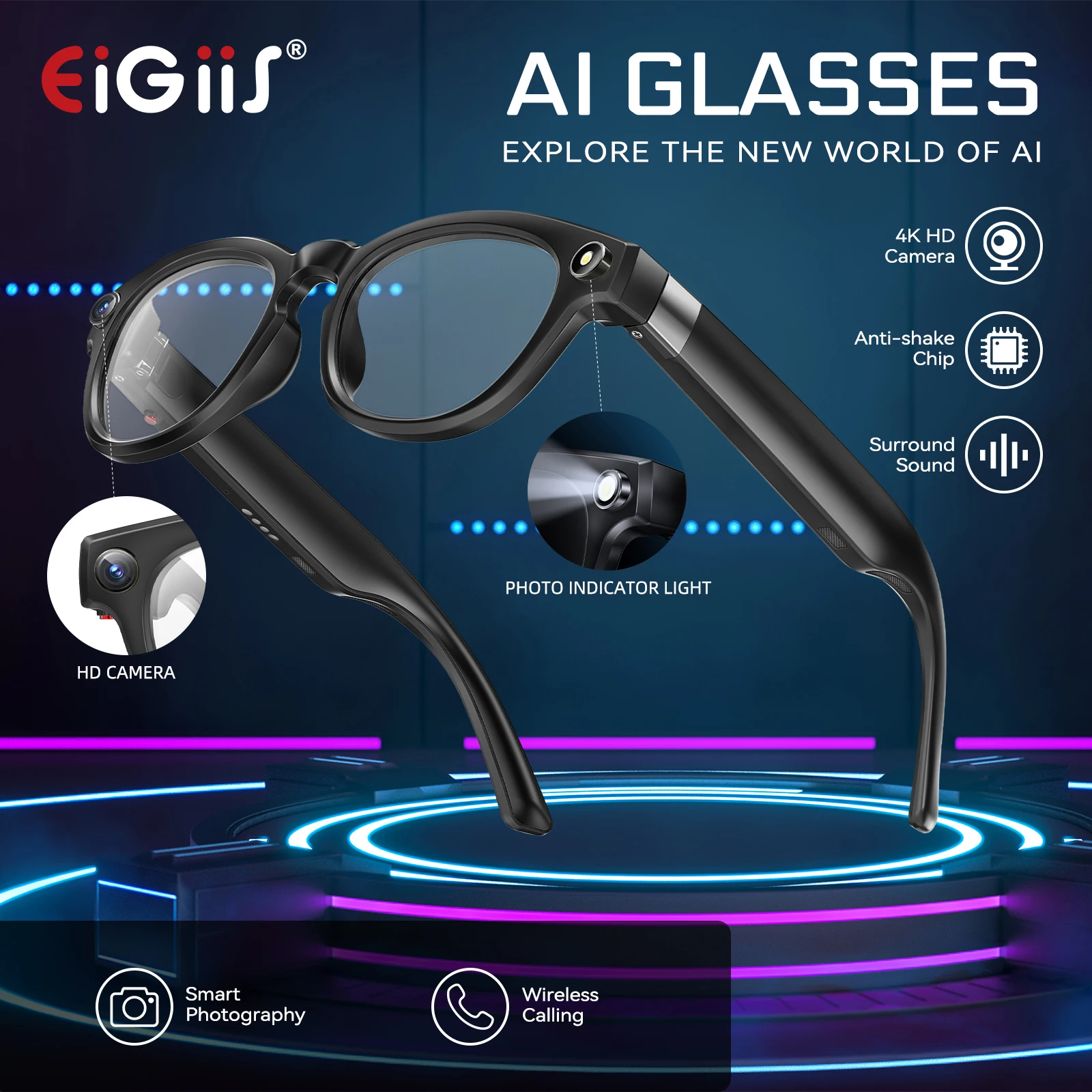 EIGIIS nuevas gafas inteligentes AI de 800w píxeles con cámara Ai para fotografía de alta definición grabación de vídeo llamadas de voz y traducción