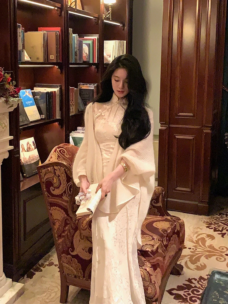 

Women's Knitted Cardigan Sweater Maha Hair V-ne Long Sve Mid-length Sweet Sle Pure Color Spring New Arrival