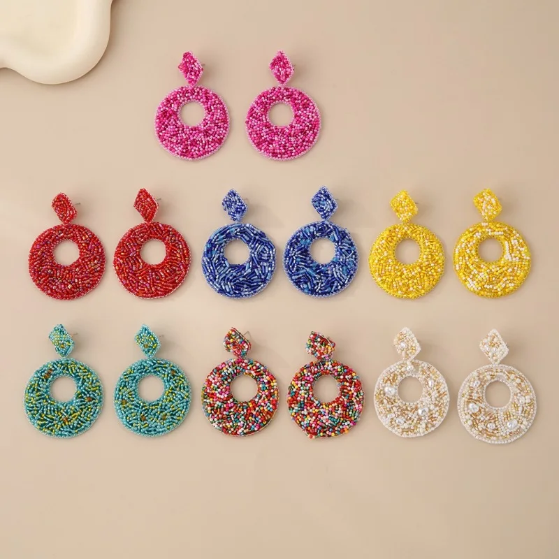 

Rice bead earrings Roundness Hollow out Originality Retro Hand knitting Bohemia Alloy Fashion Simple Beaded earrings