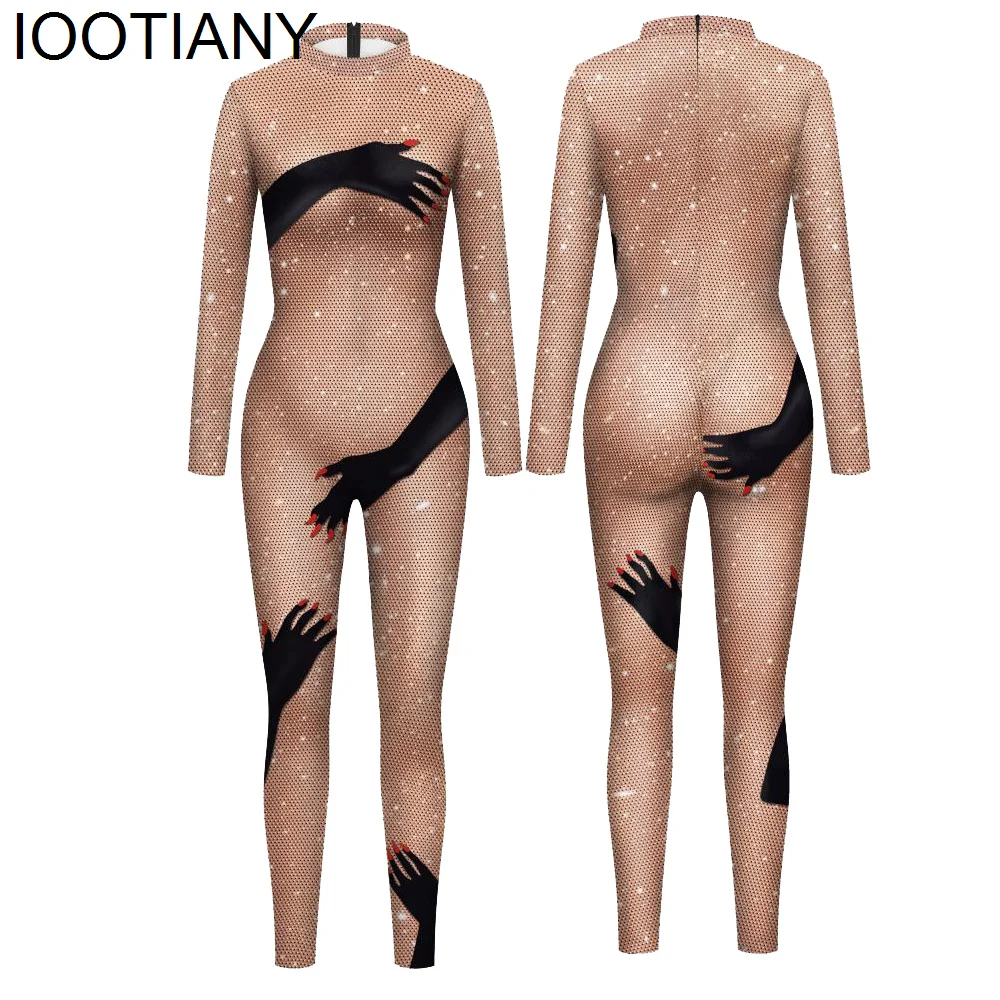 Black Hands Touch Shinny Body Print Sexy Beyonce Women Jumpsuit Costumes Carnival Cosplay Long Sleeve Female Bodysuit Outfit