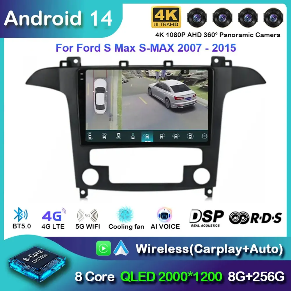 2Din Android 14 Car Radio For Ford S Max S-MAX 2007-2015 Multimedia Video Player 4G Carplay Auto Stereo GPS RDS IPS Head Unit